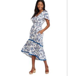 Maurices White Floral Hi Low Midi Dress Sz Small Womens white Blue Boho